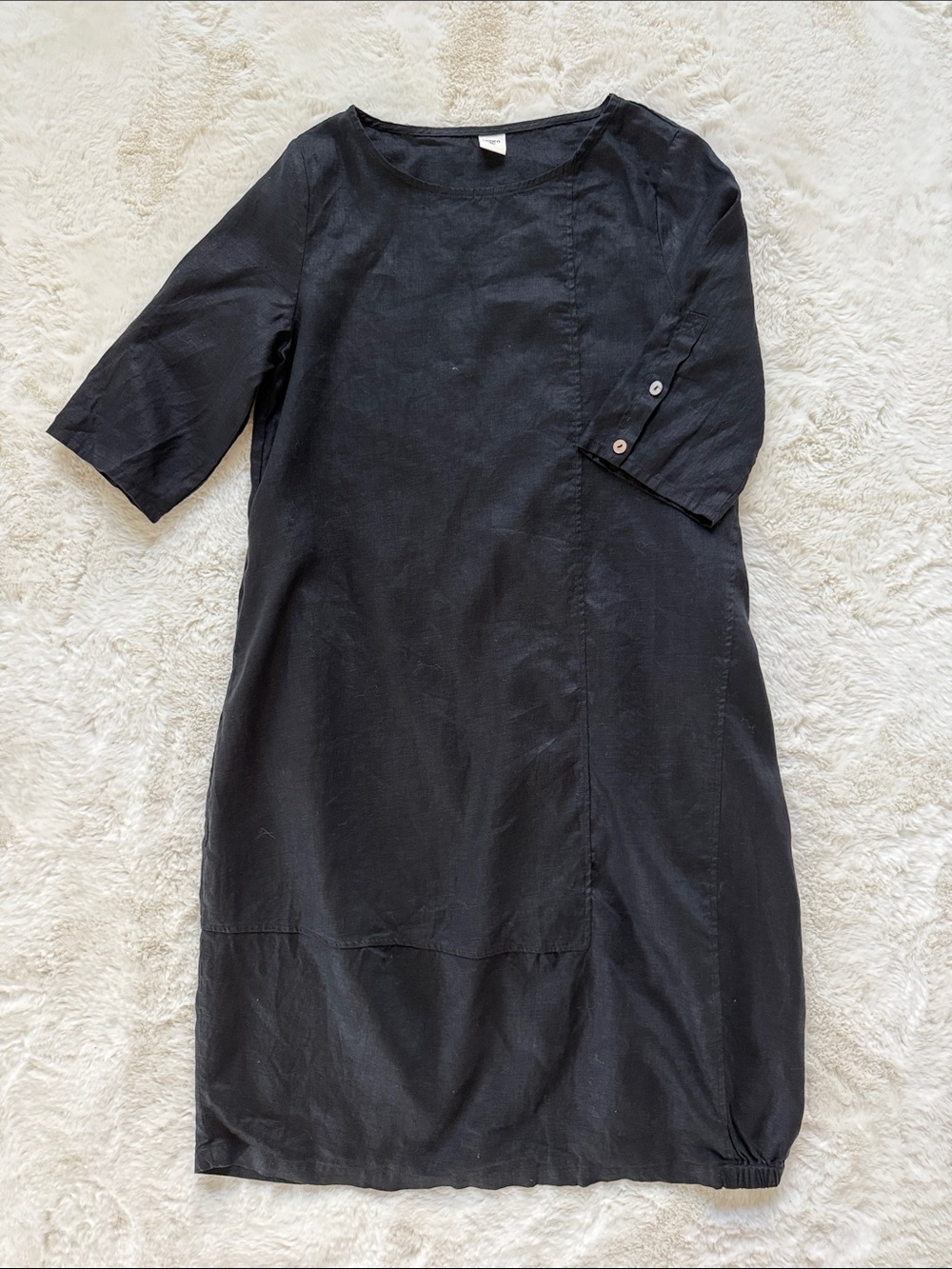 Lintico 100% Linen Dress Women's M Black Lagenlook Cocoon Tulip Hem Midi NEW